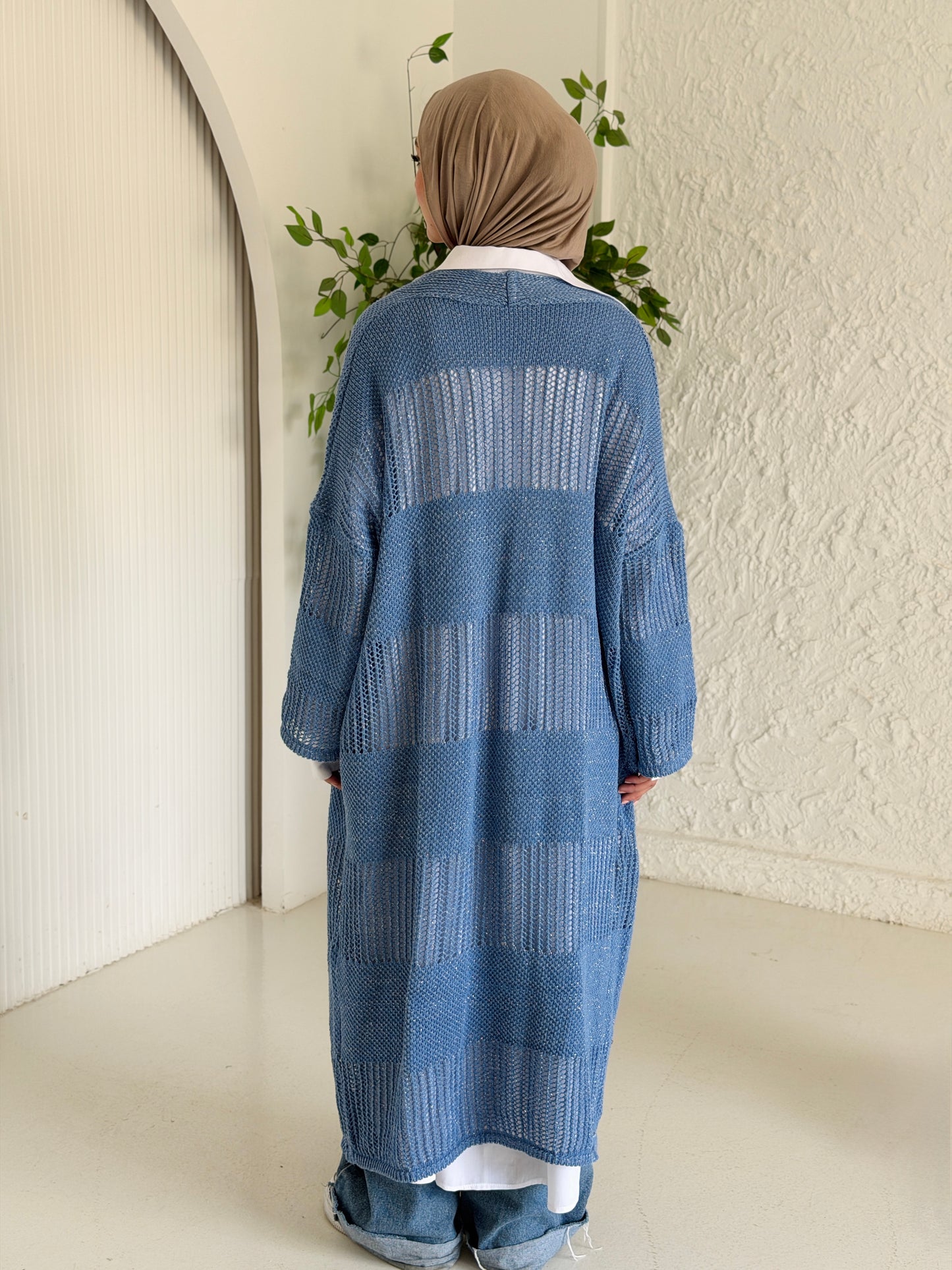 Eclipse Shimmer Crochet Cardigan In baby blue