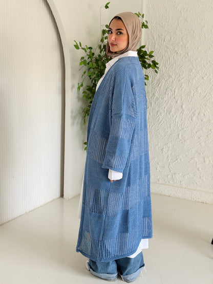 Eclipse Shimmer Crochet Cardigan In baby blue