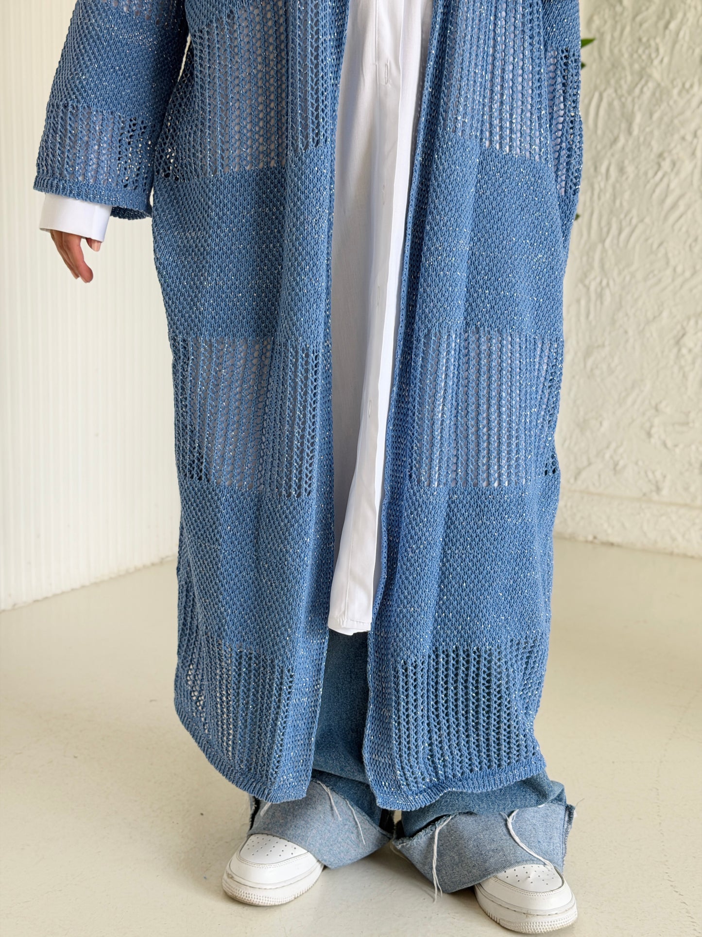 Eclipse Shimmer Crochet Cardigan In baby blue