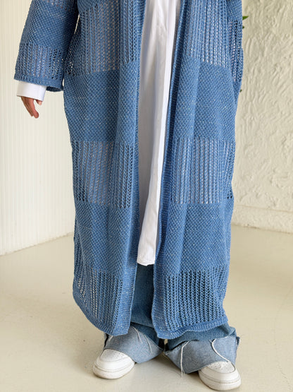 Eclipse Shimmer Crochet Cardigan In baby blue