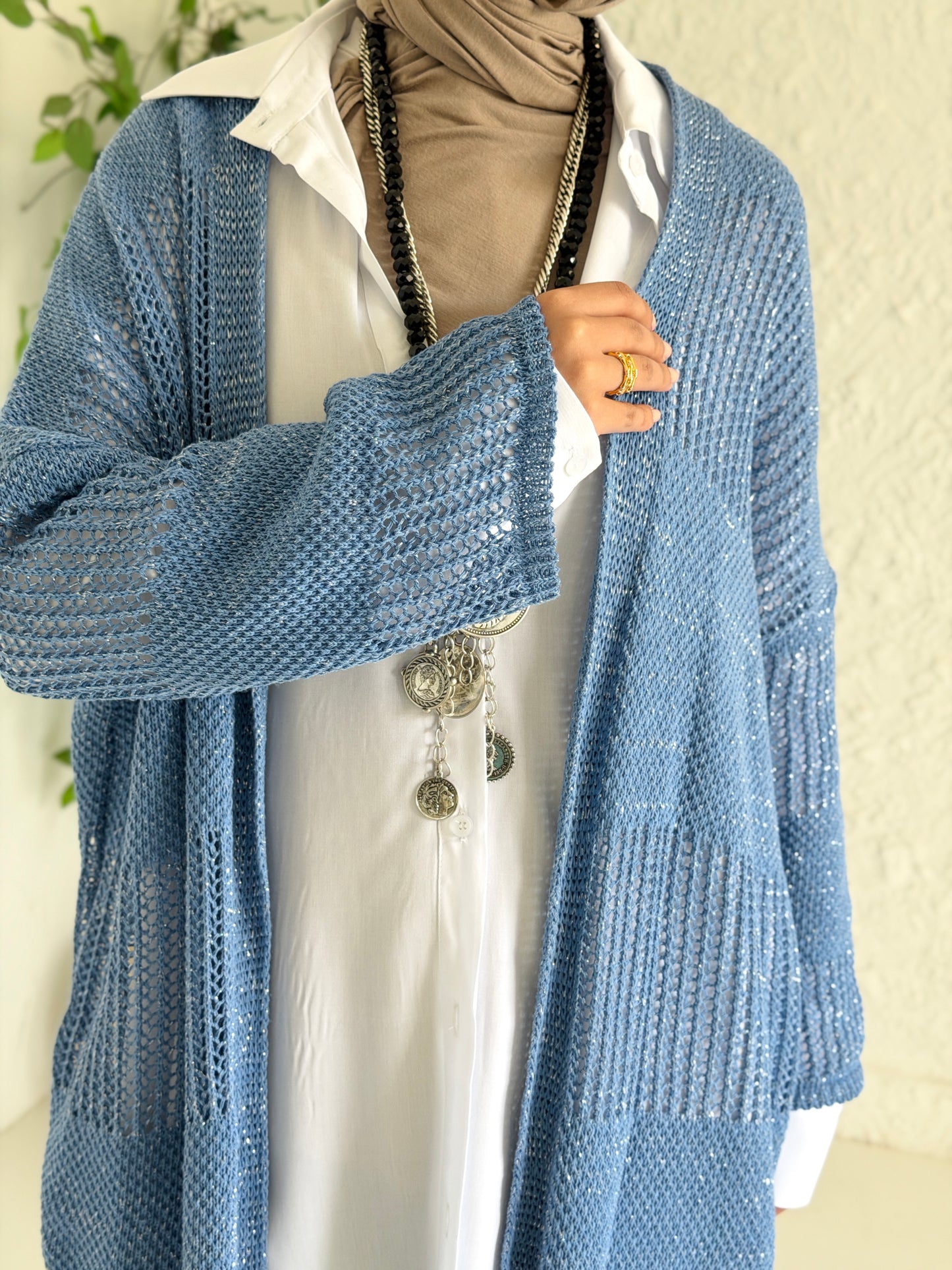 Eclipse Shimmer Crochet Cardigan In baby blue
