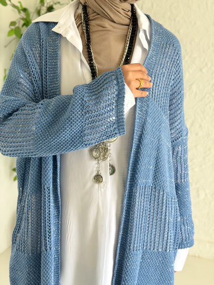 Eclipse Shimmer Crochet Cardigan In baby blue