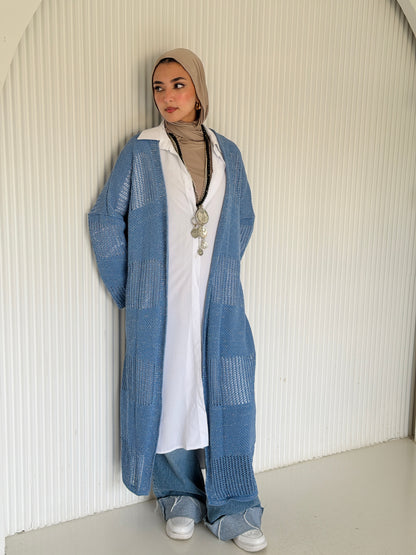 Eclipse Shimmer Crochet Cardigan In baby blue