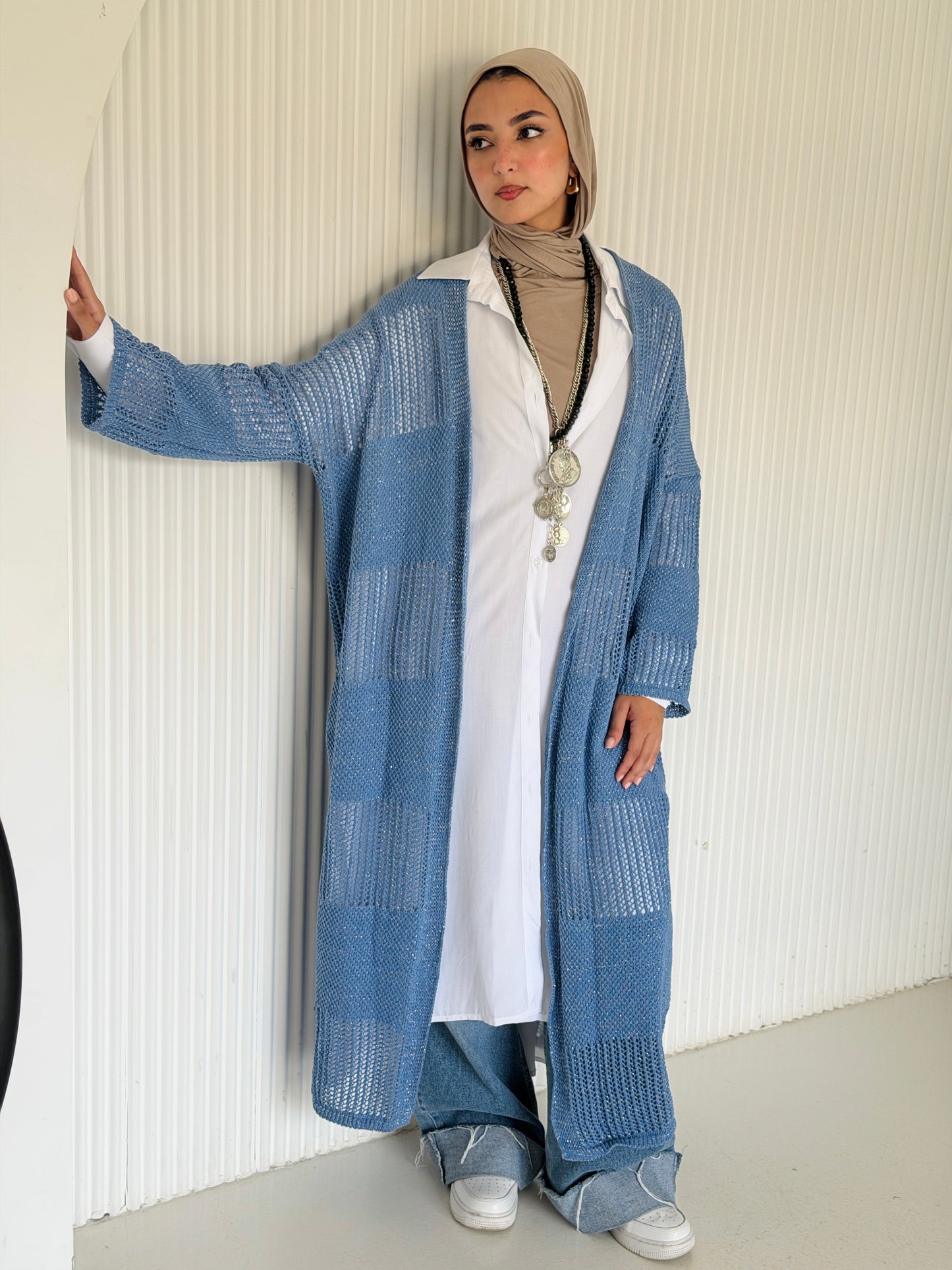Eclipse Shimmer Crochet Cardigan In baby blue