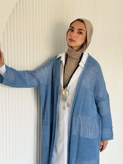 Eclipse Shimmer Crochet Cardigan In baby blue