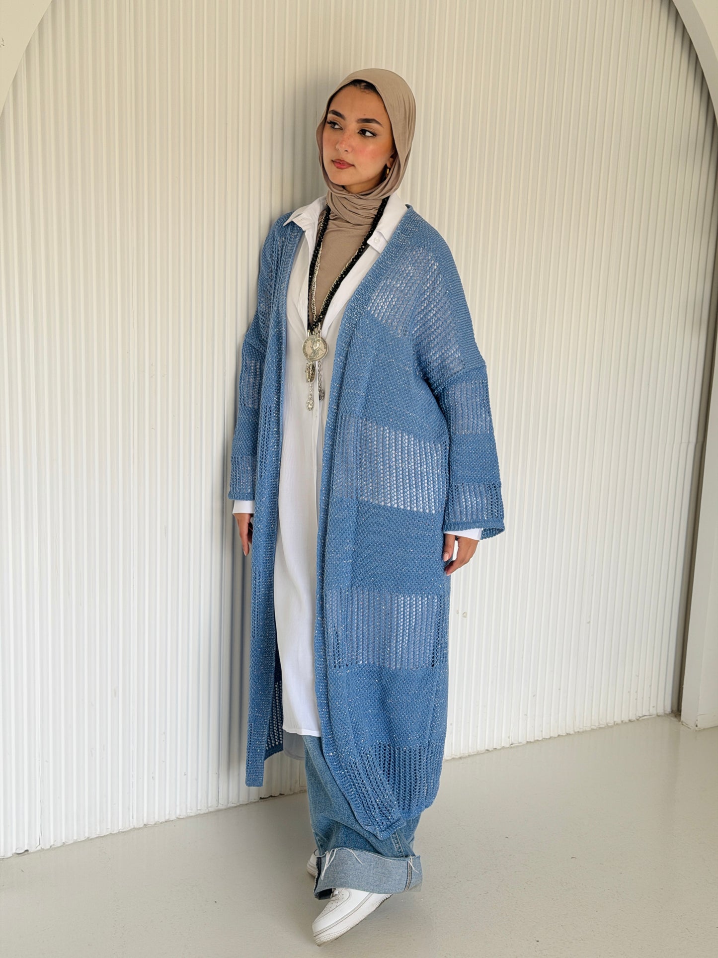 Eclipse Shimmer Crochet Cardigan In baby blue