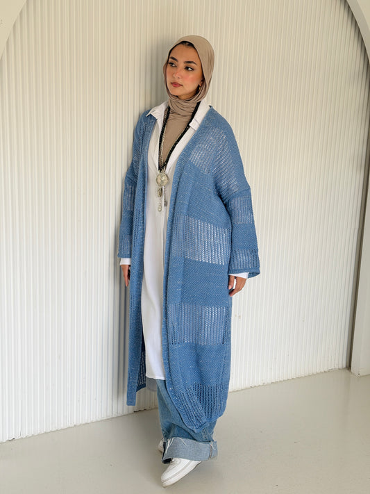 Eclipse Shimmer Crochet Cardigan In Indigo