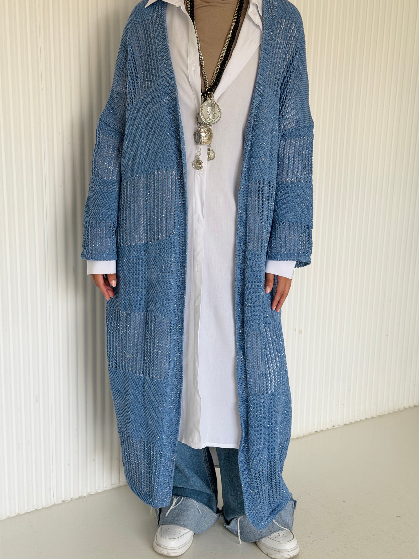 Eclipse Shimmer Crochet Cardigan In baby blue