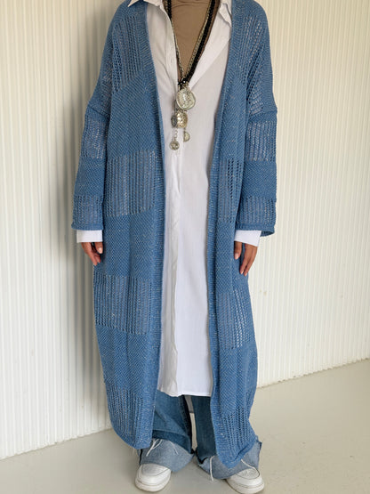 Eclipse Shimmer Crochet Cardigan In baby blue