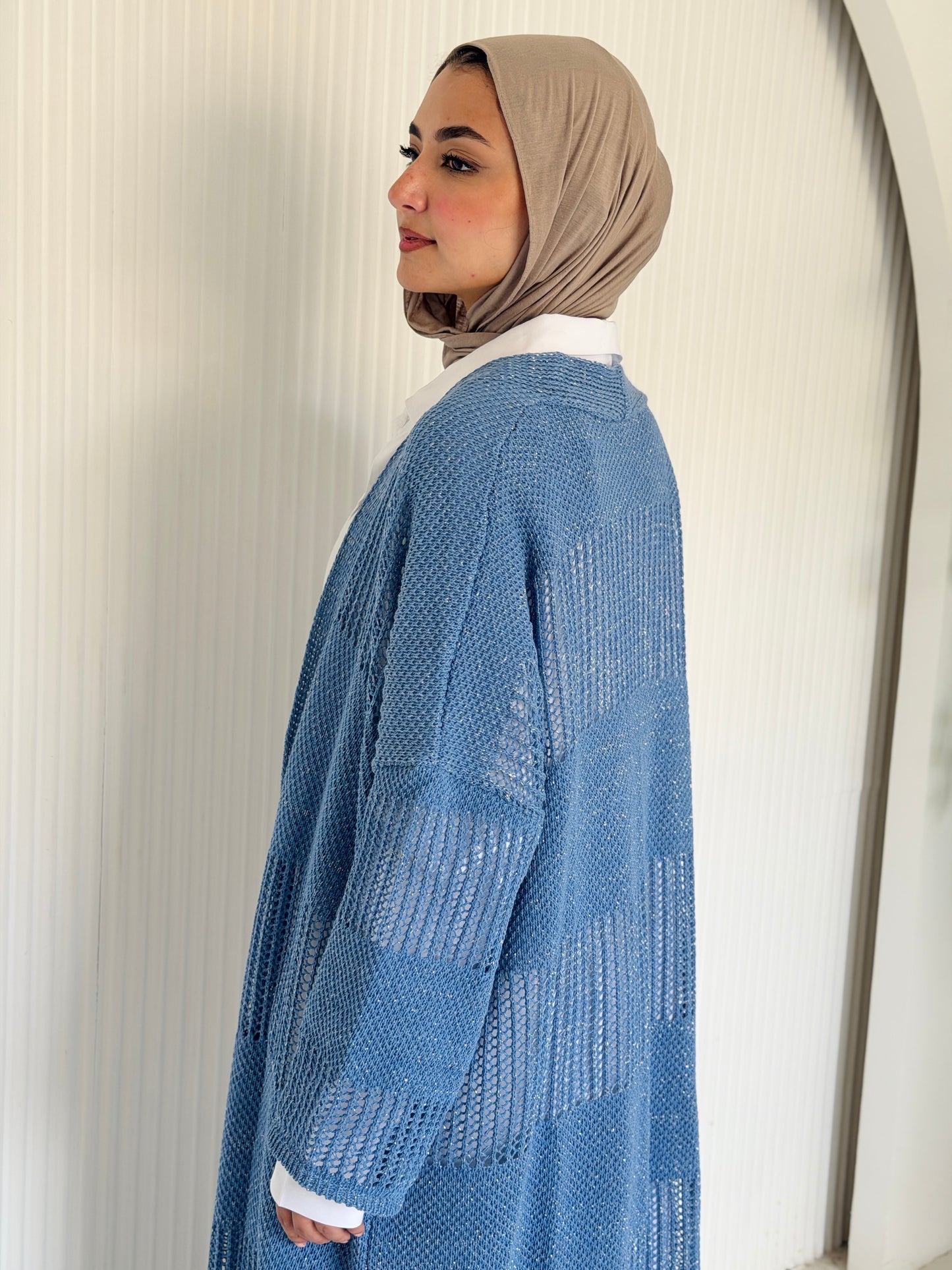 Eclipse Shimmer Crochet Cardigan In baby blue