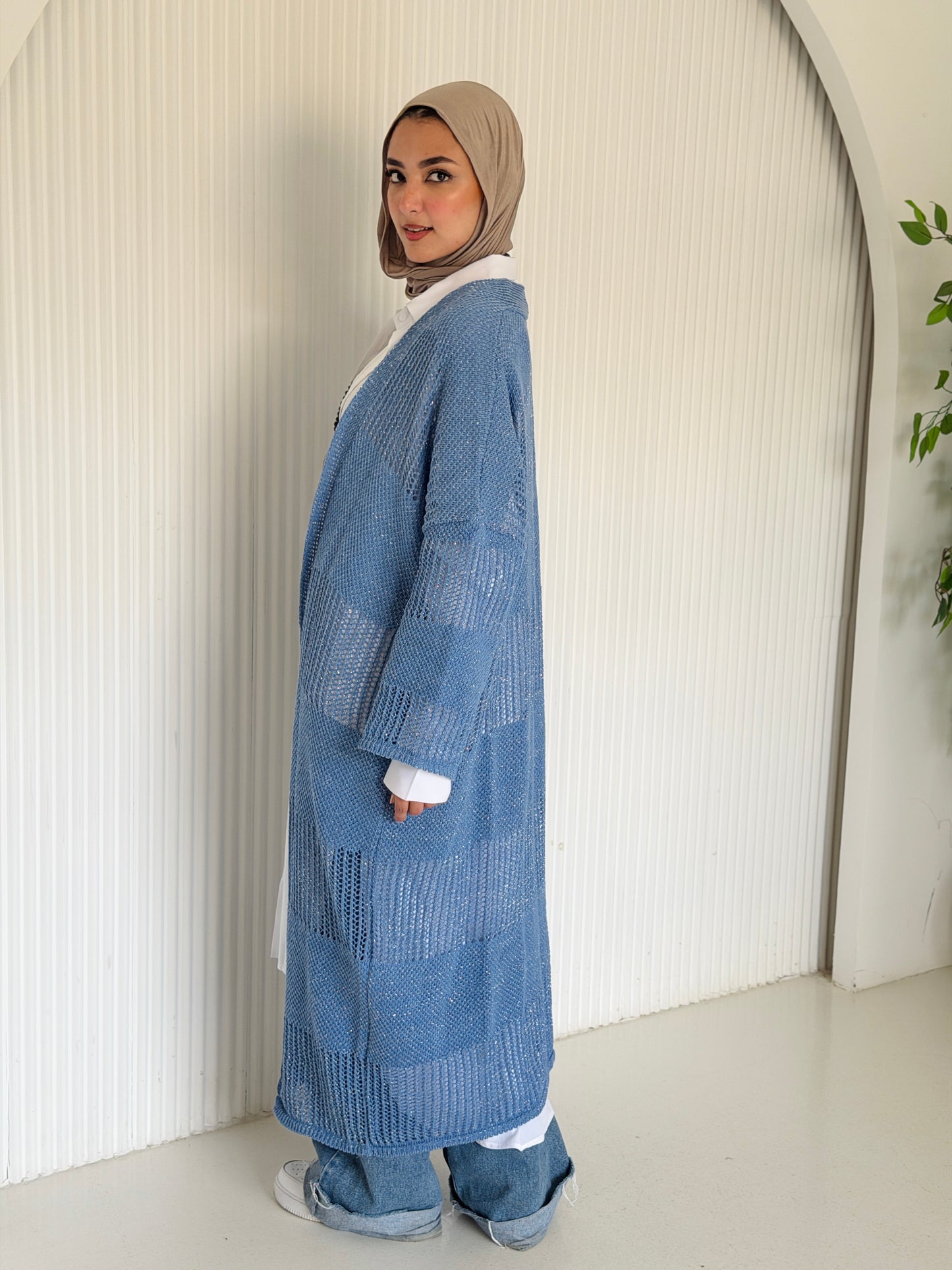 Eclipse Shimmer Crochet Cardigan In baby blue
