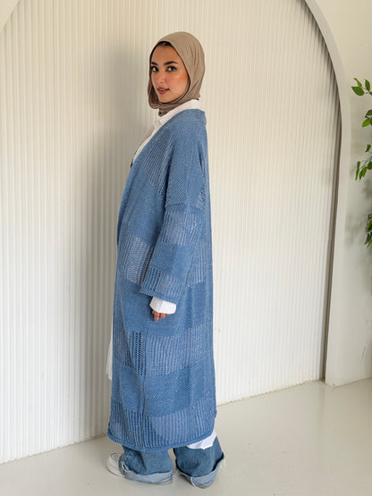 Eclipse Shimmer Crochet Cardigan In baby blue