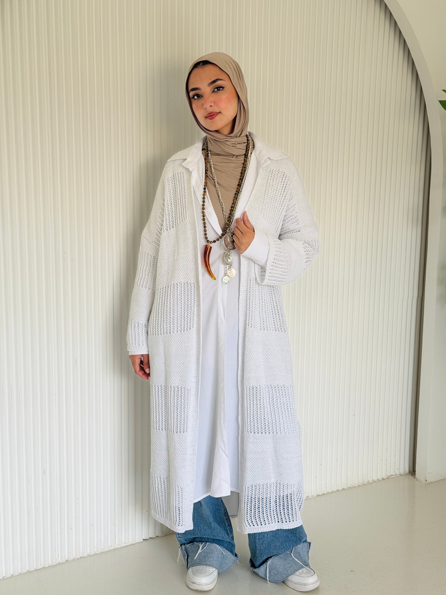 Eclipse Shimmer Crochet Cardigan In White