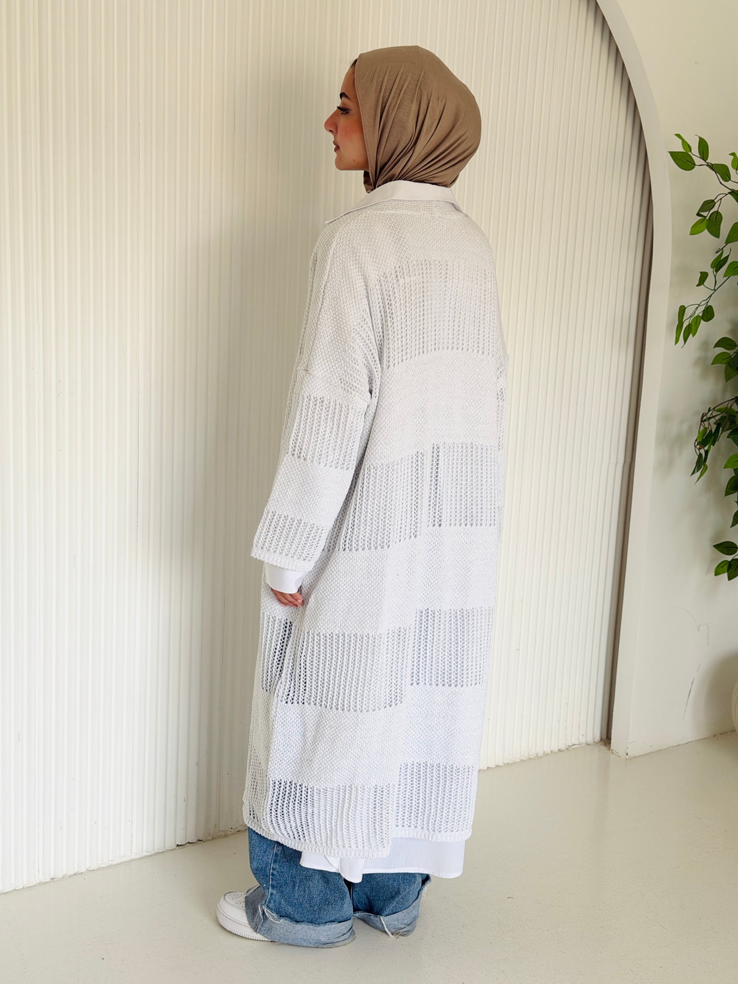 Eclipse Shimmer Crochet Cardigan In White