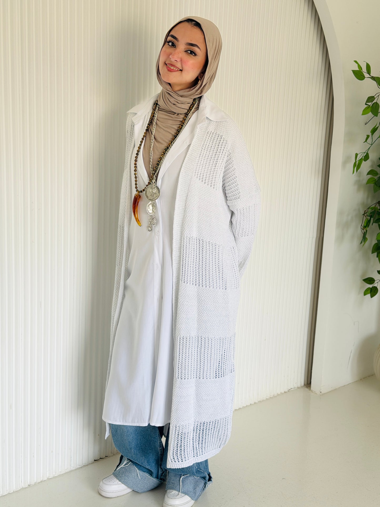Eclipse Shimmer Crochet Cardigan In White