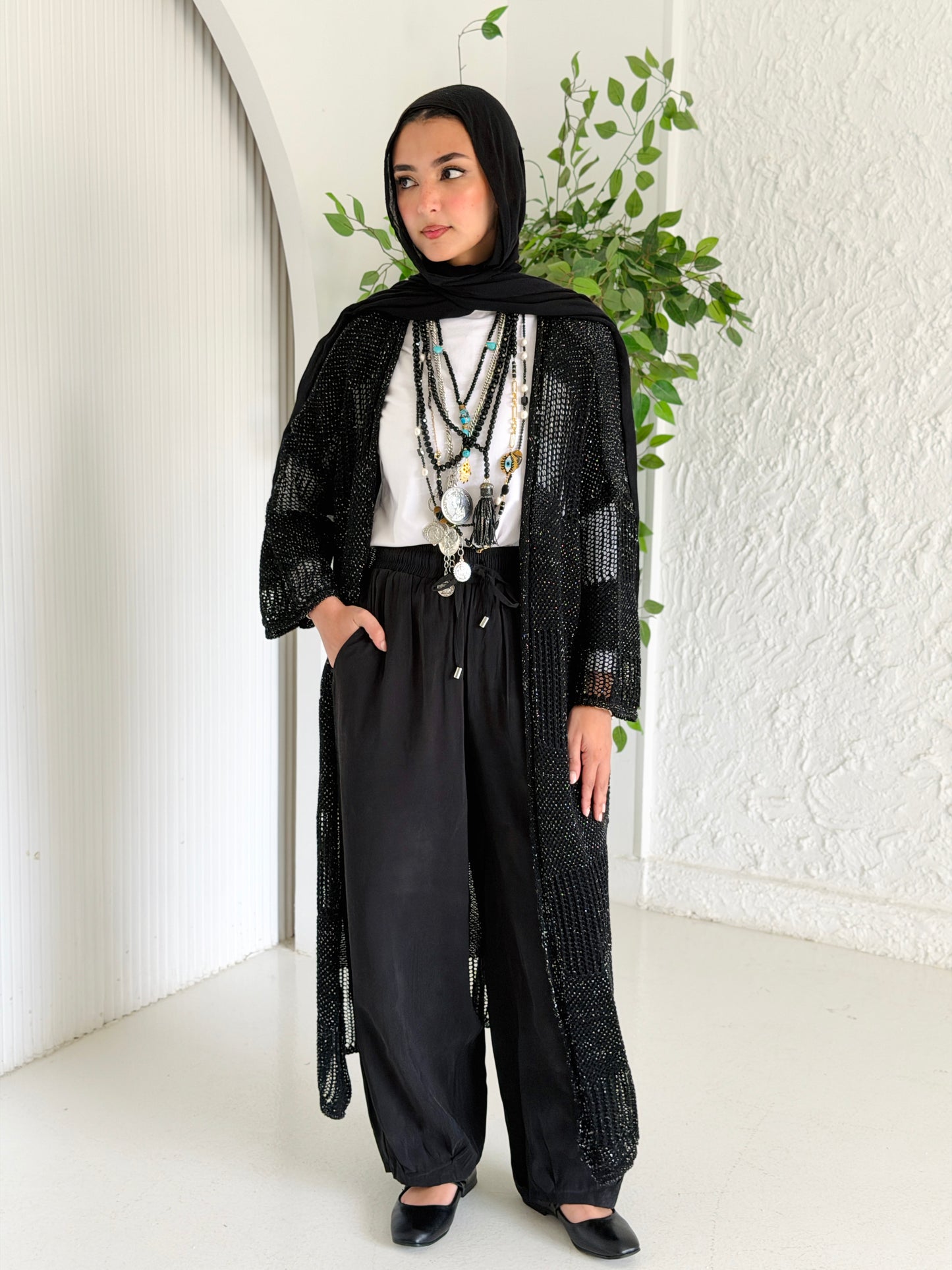 Eclipse Shimmer Crochet Cardigan In Black