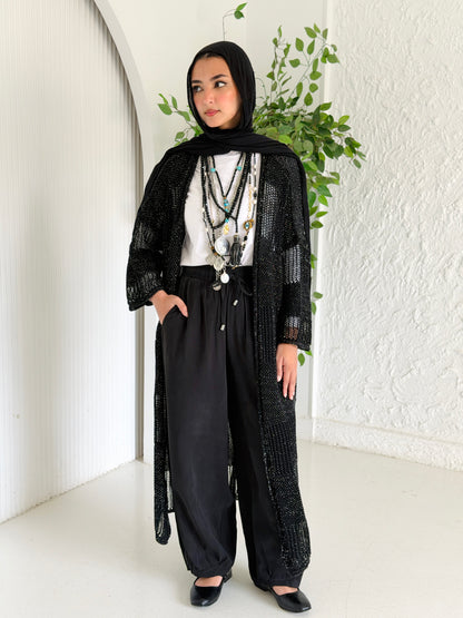 Eclipse Shimmer Crochet Cardigan In Black