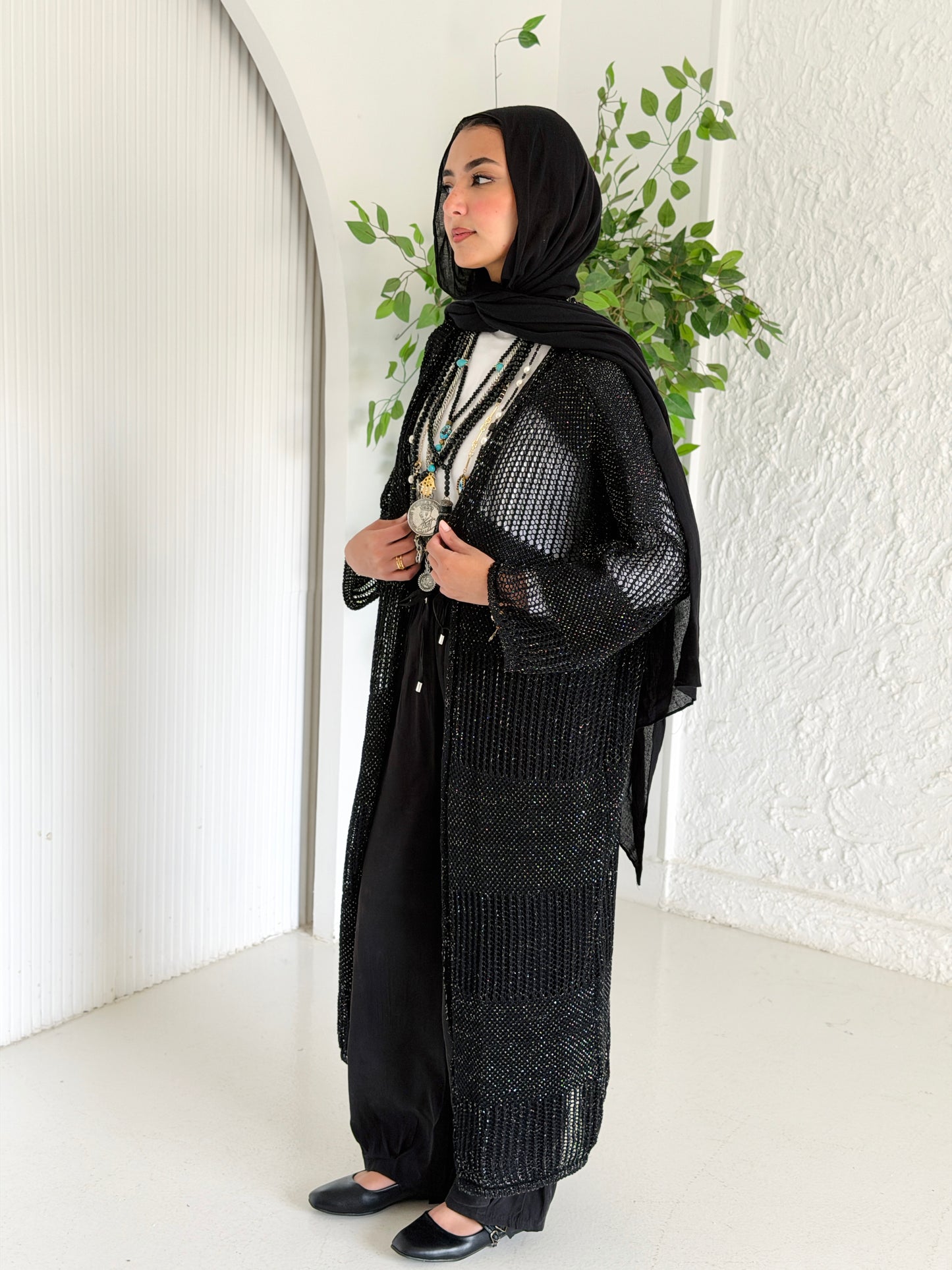 Eclipse Shimmer Crochet Cardigan In Black