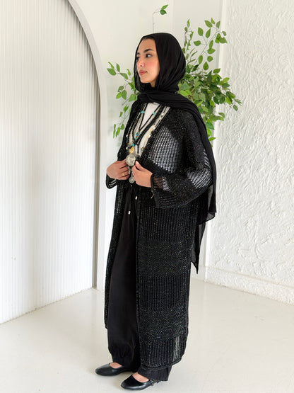 Eclipse Shimmer Crochet Cardigan In Black