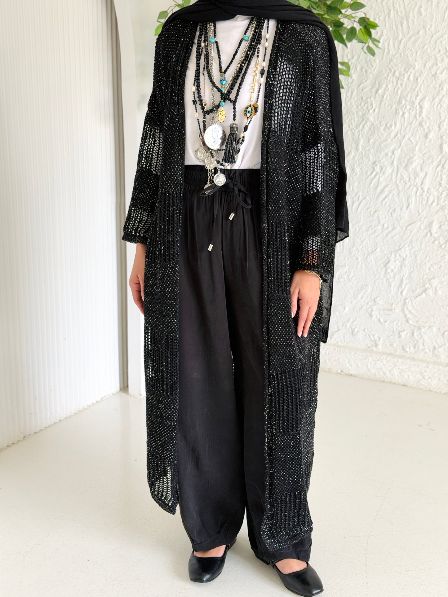 Eclipse Shimmer Crochet Cardigan In Black