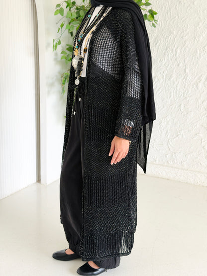Eclipse Shimmer Crochet Cardigan In Black