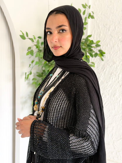 Eclipse Shimmer Crochet Cardigan In Black