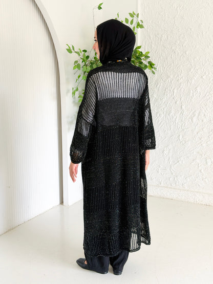 Eclipse Shimmer Crochet Cardigan In Black