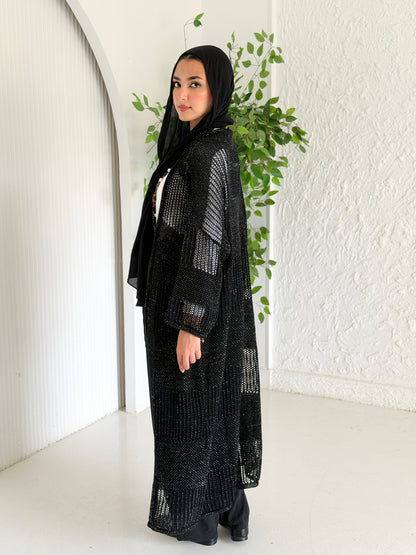 Eclipse Shimmer Crochet Cardigan In Black