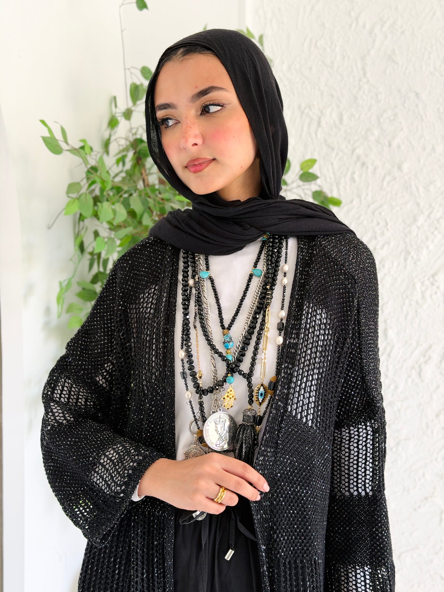 Eclipse Shimmer Crochet Cardigan In Black