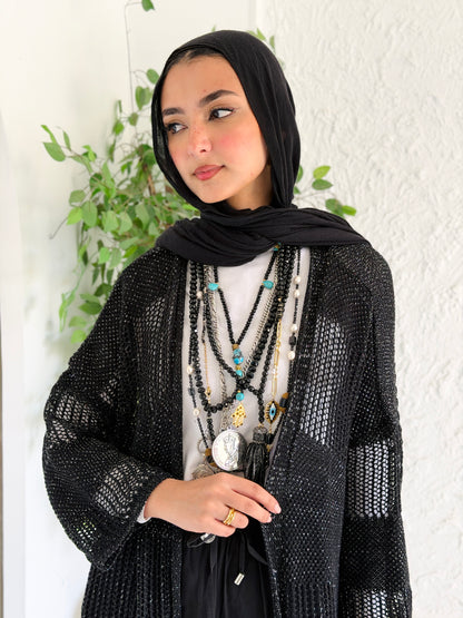 Eclipse Shimmer Crochet Cardigan In Black