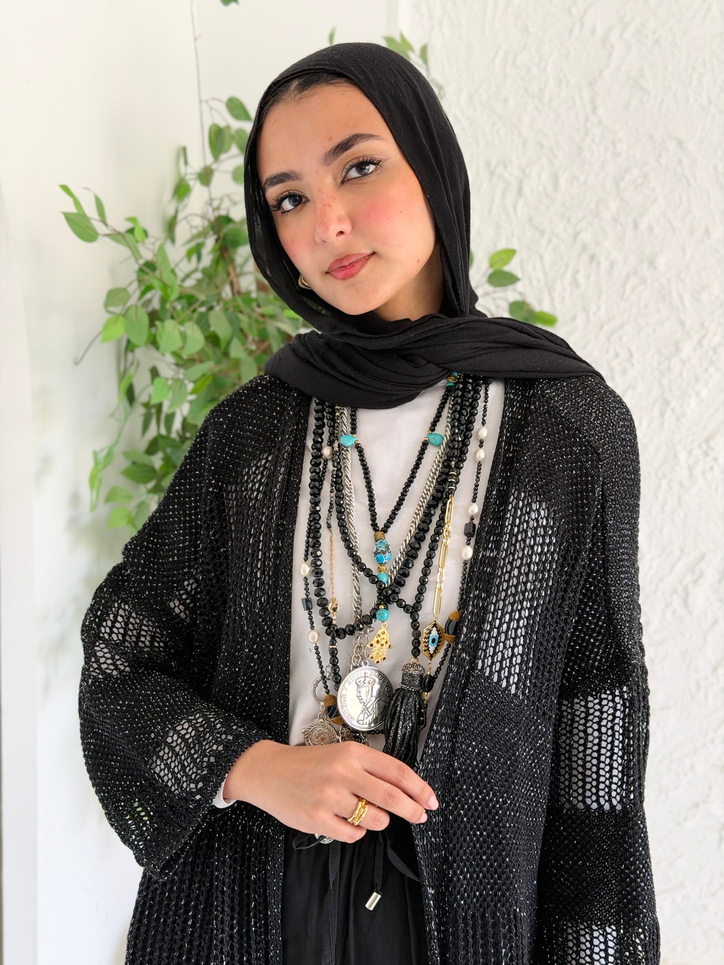 Eclipse Shimmer Crochet Cardigan In Black