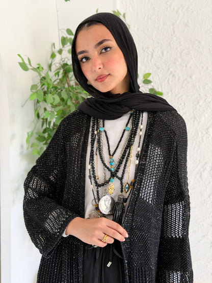 Eclipse Shimmer Crochet Cardigan In Black