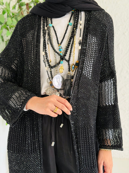 Eclipse Shimmer Crochet Cardigan In Black