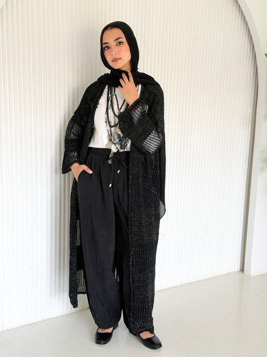 Eclipse Shimmer Crochet Cardigan In Black