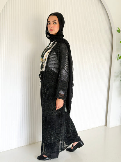 Eclipse Shimmer Crochet Cardigan In Black