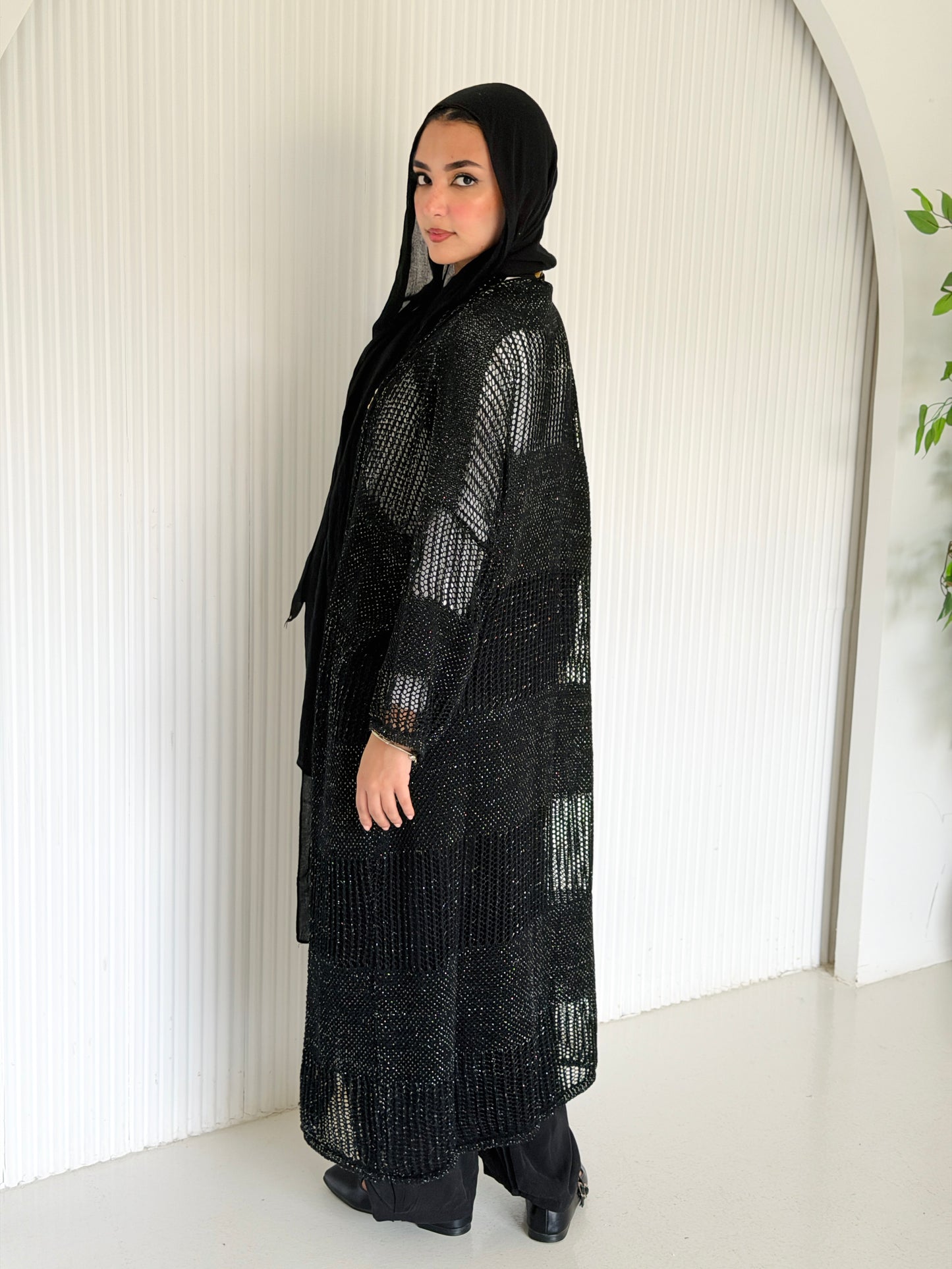 Eclipse Shimmer Crochet Cardigan In Black