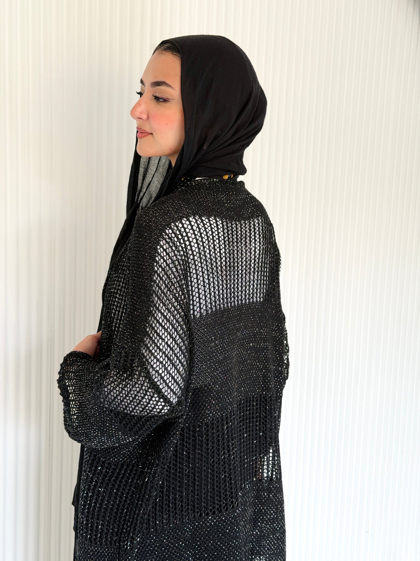 Eclipse Shimmer Crochet Cardigan In Black