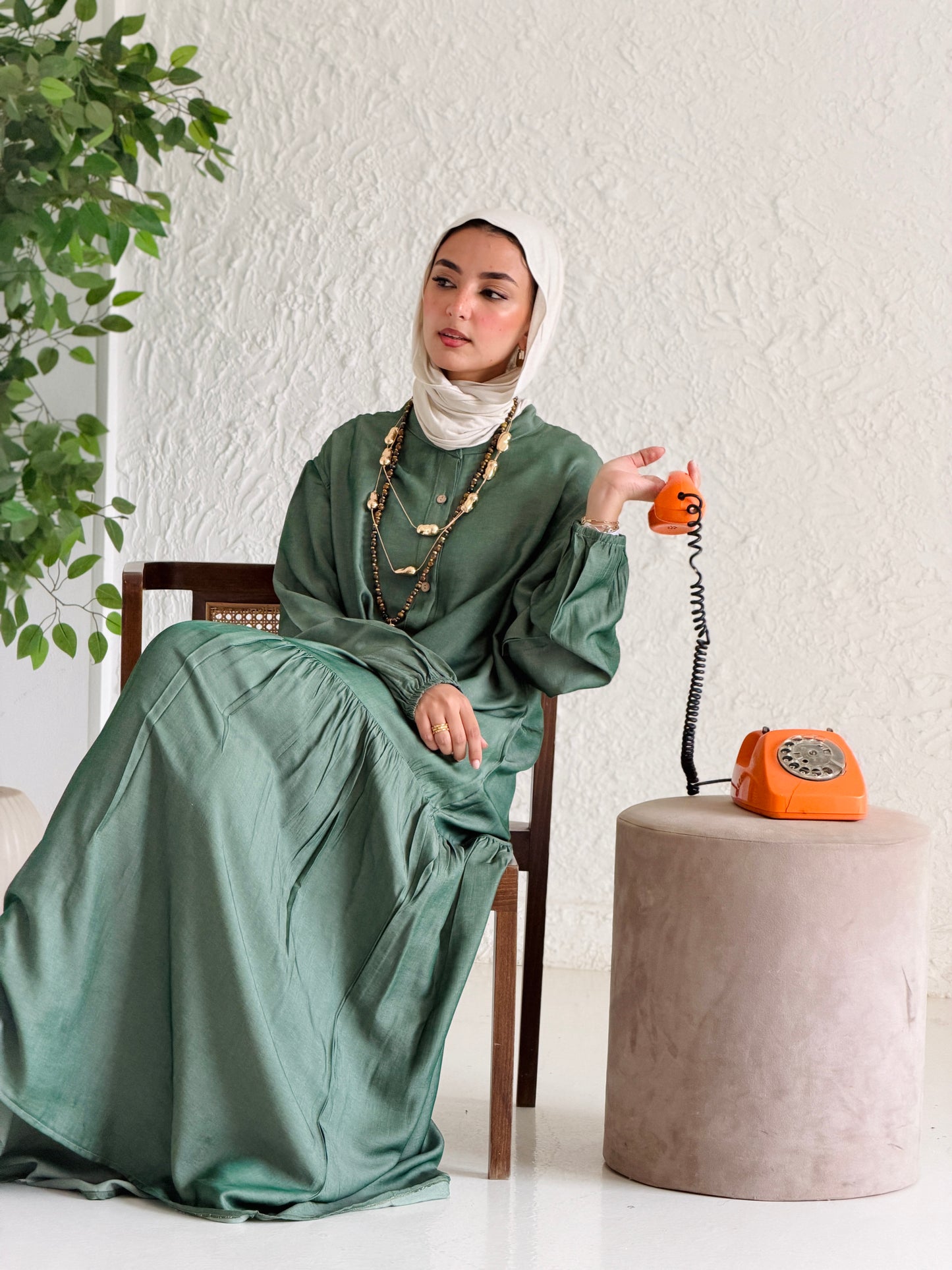Glow Button Dress In Forest Olive