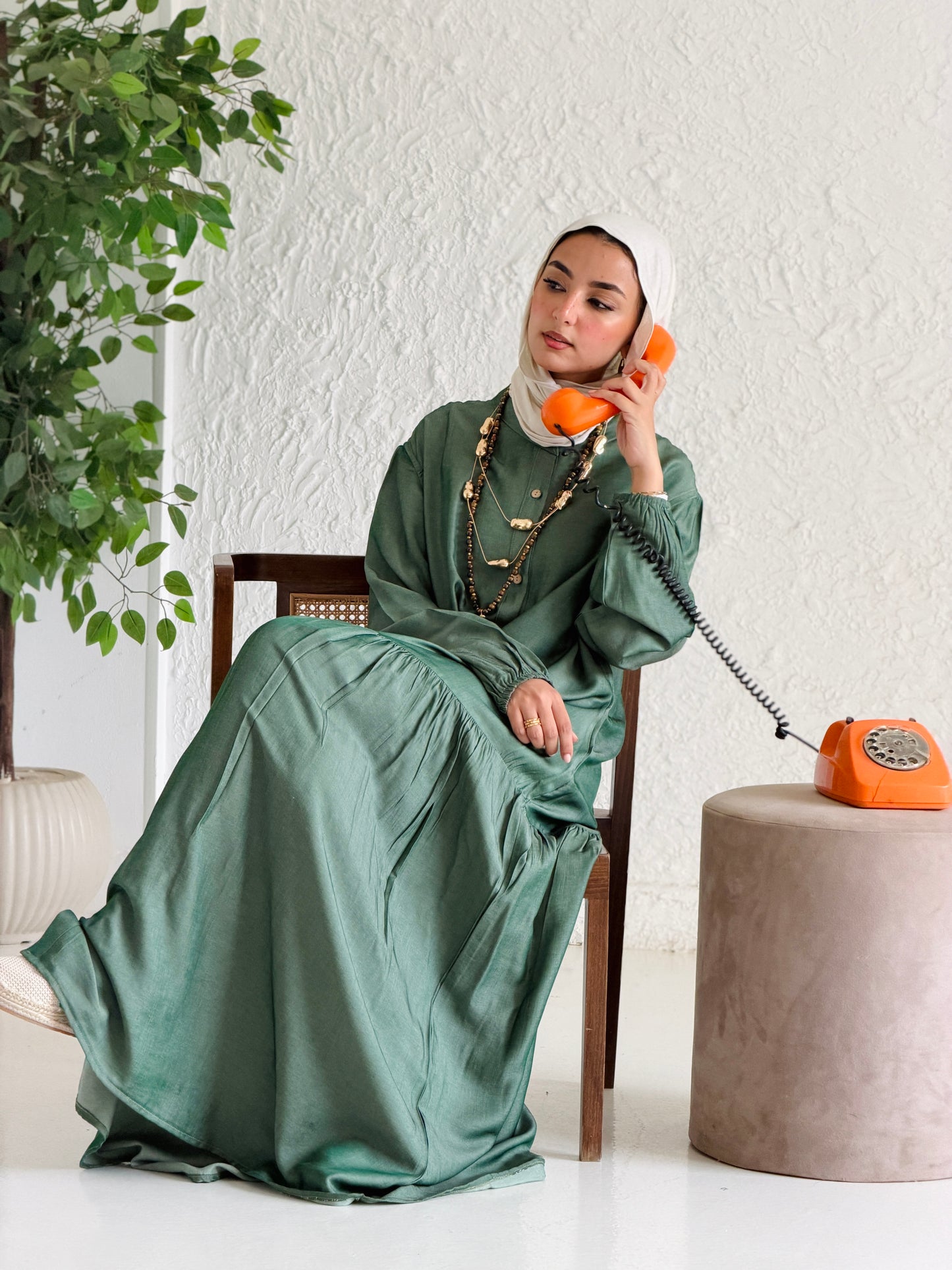 Glow Button Dress In Forest Olive