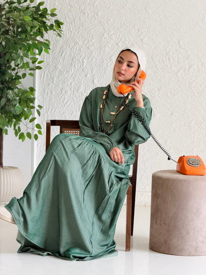 Glow Button Dress In Forest Olive