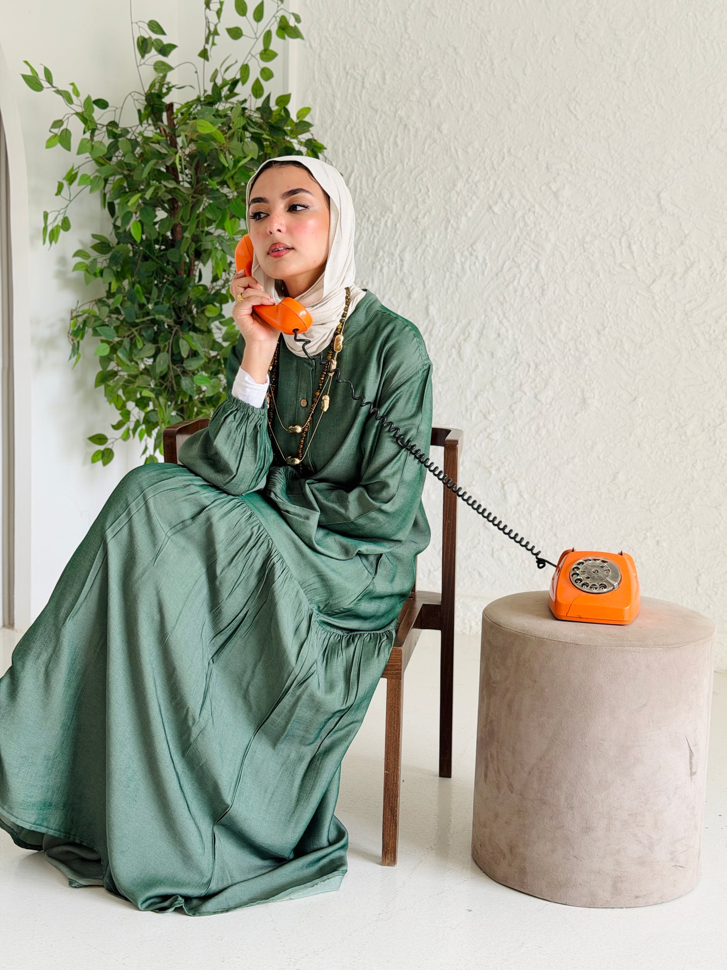 Glow Button Dress In Forest Olive