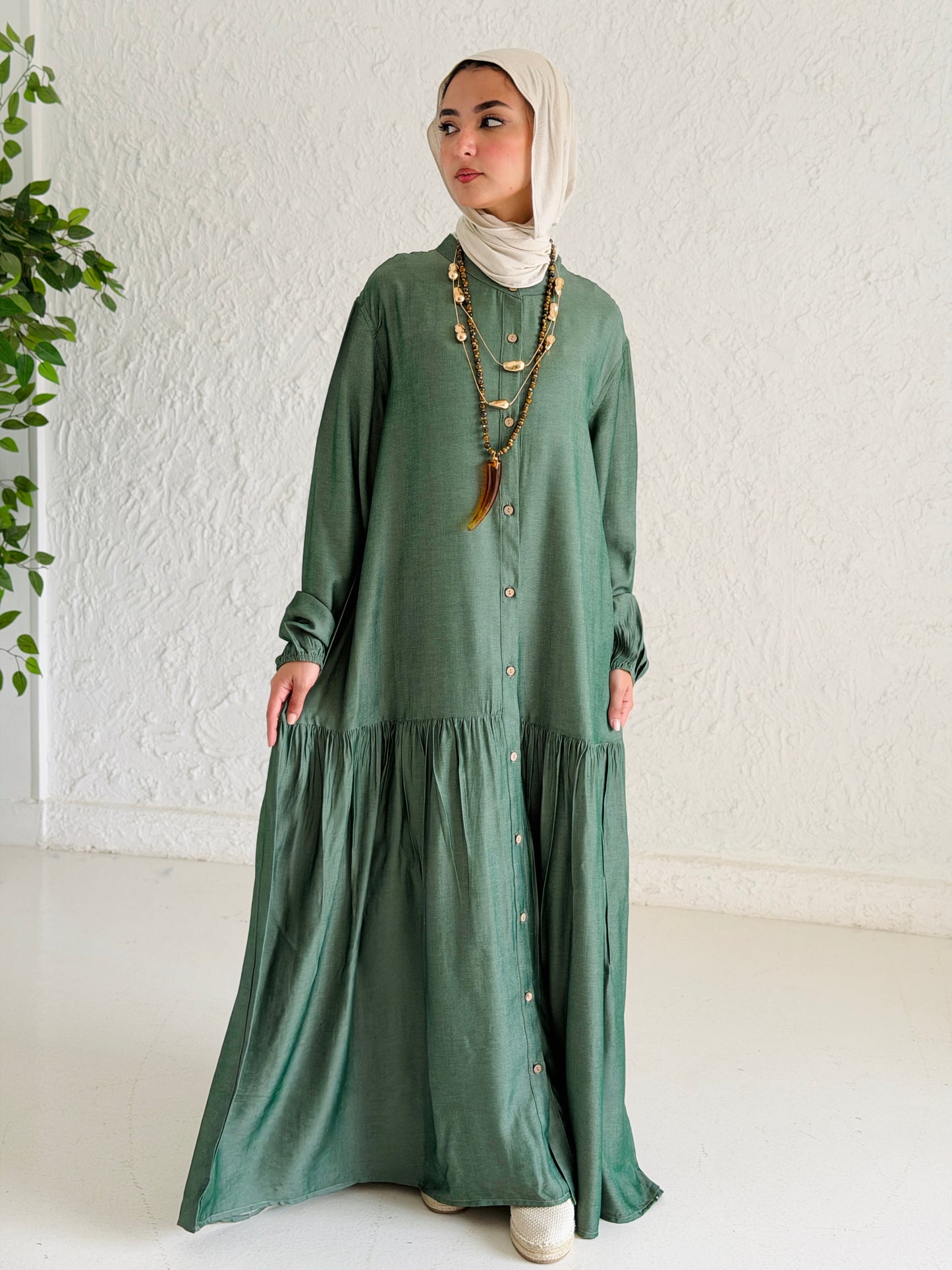 Glow Button Dress In Forest Olive