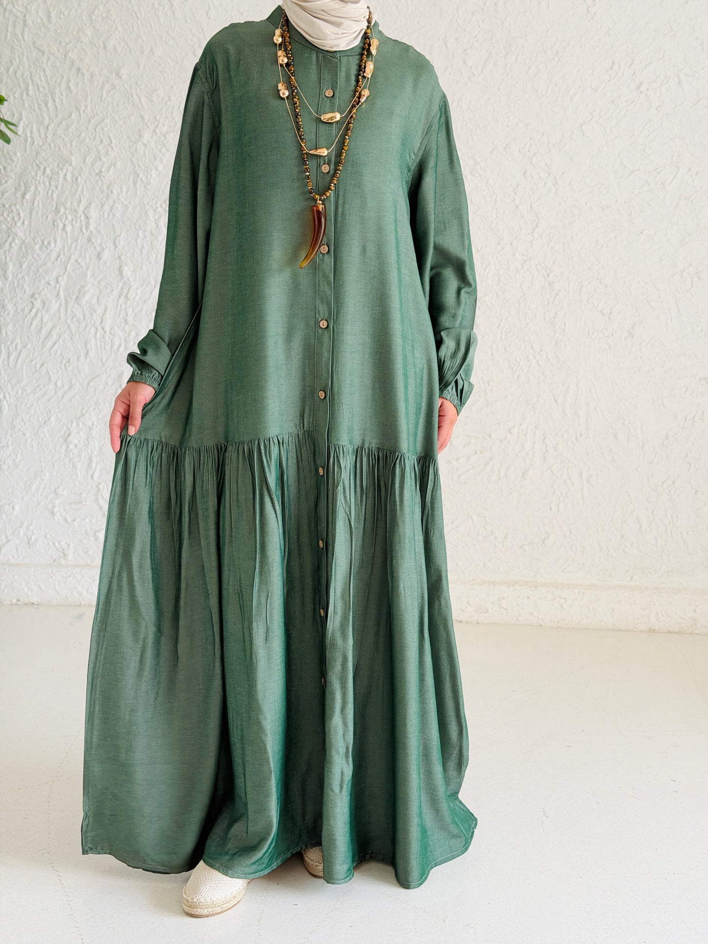 Glow Button Dress In Forest Olive