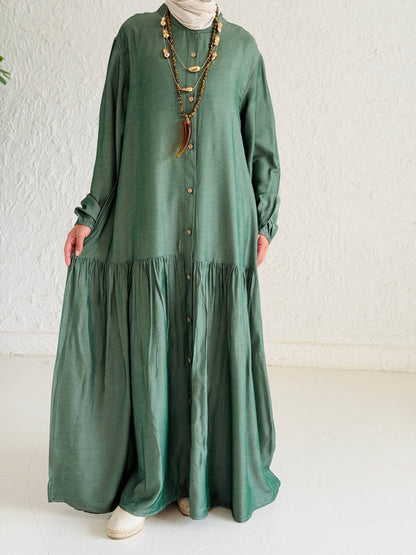 Glow Button Dress In Forest Olive
