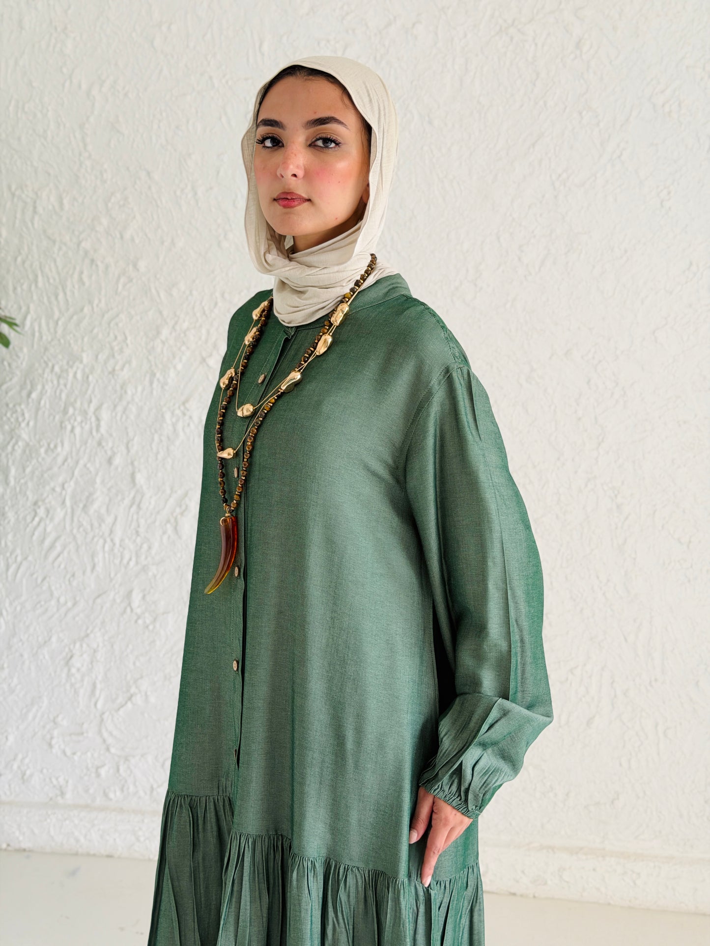 Glow Button Dress In Forest Olive