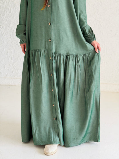 Glow Button Dress In Forest Olive