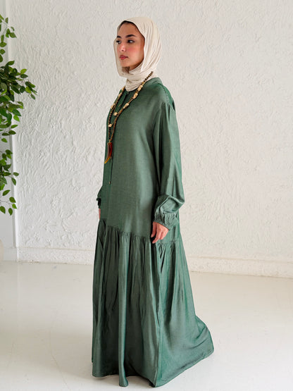 Glow Button Dress In Forest Olive