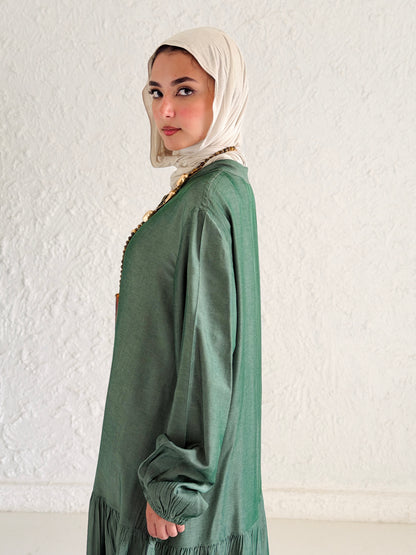 Glow Button Dress In Forest Olive