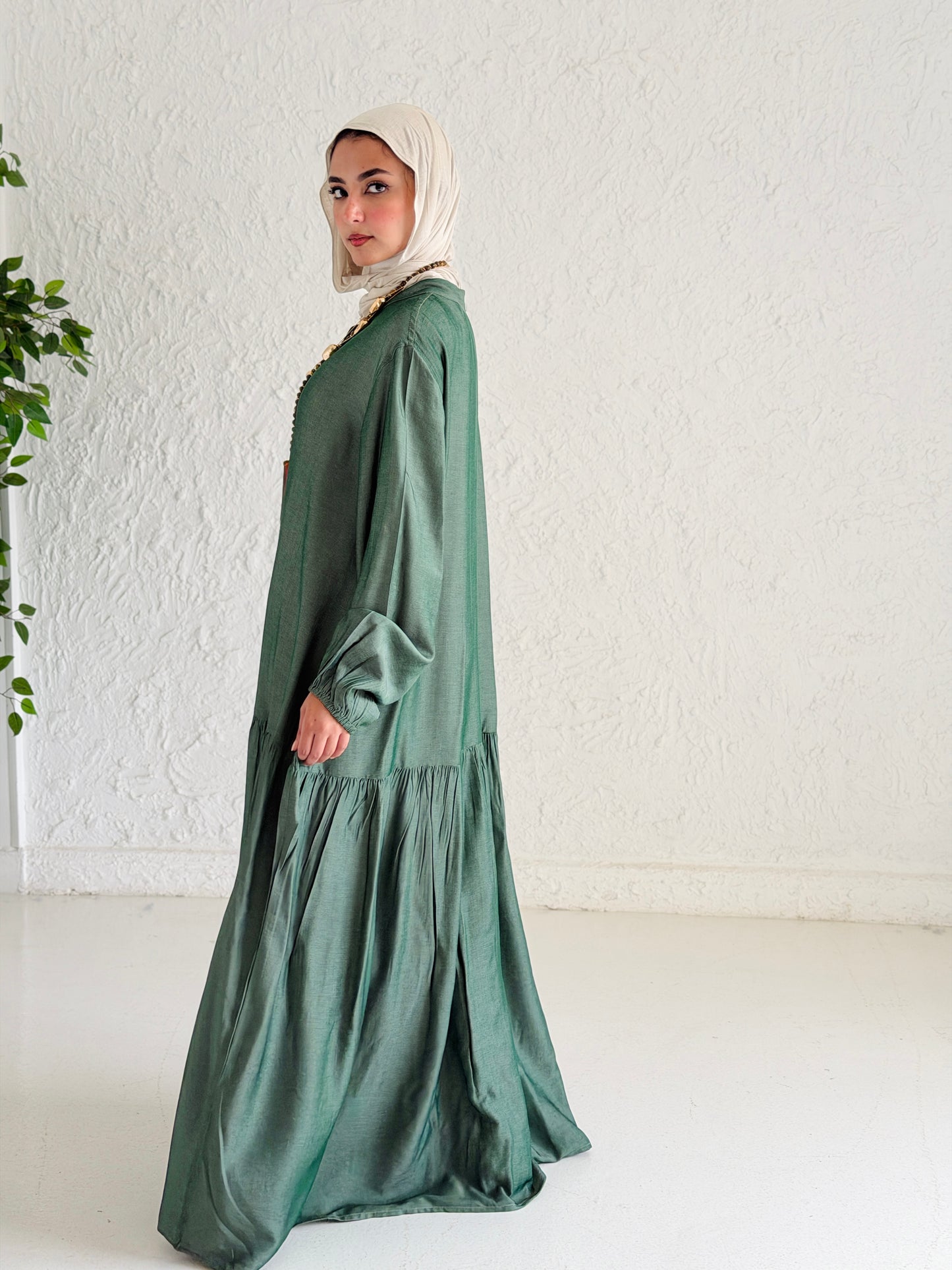 Glow Button Dress In Forest Olive