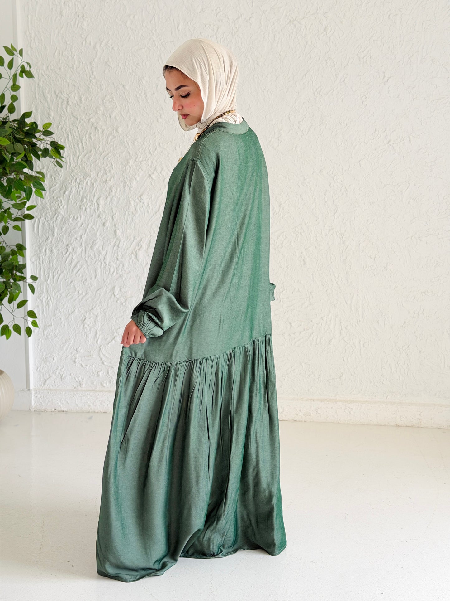 Glow Button Dress In Forest Olive
